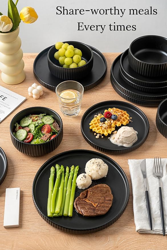 24 Piece Dinnerware Set,Bold Black Dish Set with Plates and Bowls for 8 – Premium Ceramic Tableware for Hosting & Large Gatherings