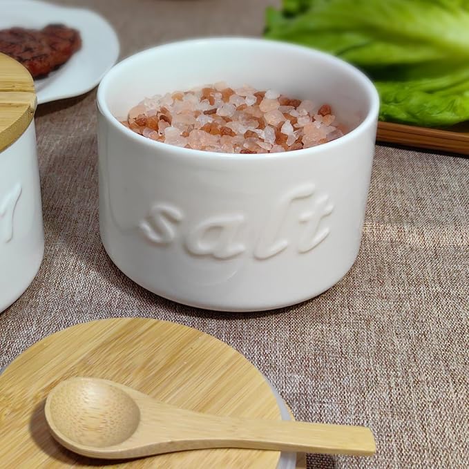 Salt Cellar with Lid and Spoon, 16 OZ Airtight Salt Container for Countertop, Ceramic Storage Container for Spices, White