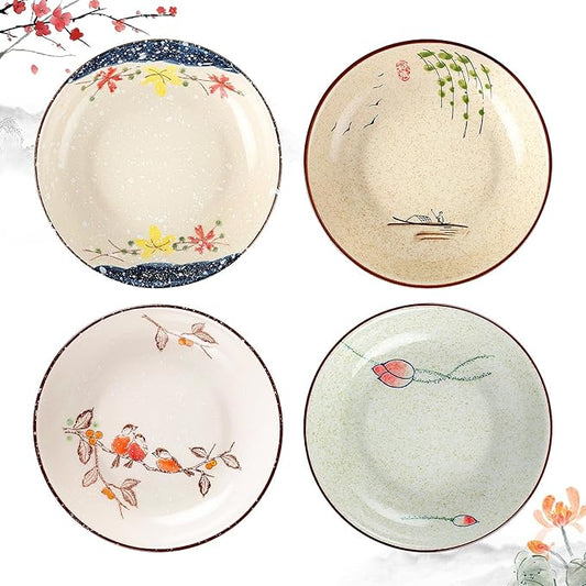 clothmile 7 Inch Japanese Retro Ceramic Dinner Plates Set of 4 Japanese Style Plates Asian Chinese Plates for Cereal, Soup, Dessert, Snack, Fruit, Salsa for Christmas Holiday Present