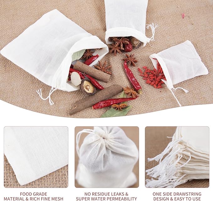 20pcs Empty Spice Bags for Cooking Soup,White Small Tea Filter Bags with Drawstring,Cotton material,Unbleached Muslin Bags for Coffee,Tea,Soup etc. 3 x 4 inch.