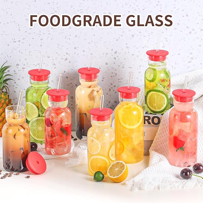 CWHHRN 24 Oz Glass Cup with Lid and Straw, Glass Tumbler, Vintage Glassware for Whiskey Cocktail Beer Juice, Glass Carafe with Lid (2 PACK)