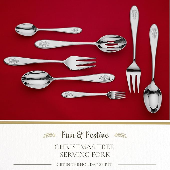 Spode Christmas Tree Serving Fork, Holiday Flatware for Your Favorite Christmas Dishes, 18/10 Stainless Steel Cutlery for Festive Table Settings, 10-Inch Dishwasher Safe Holiday Utensils