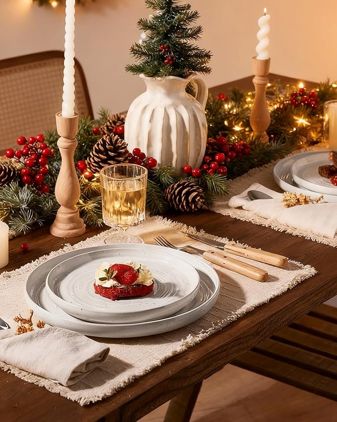 Stoneware Dinnerware Sets, Plate and Bowl Sets for 4, 12 Pieces Spiral Flared Dishware Set with Speckles & Reactive Glaze - Microwave and Dishwasher Safe Tableware, White