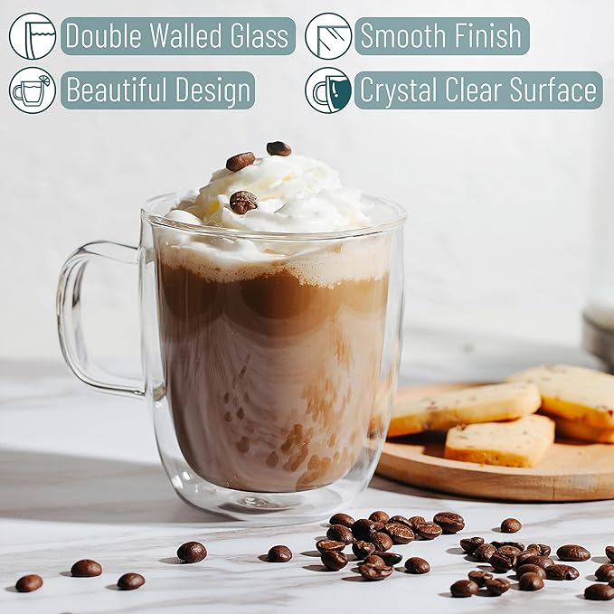 BTaT- Double Walled Glass Coffee Cups, 6 Pack, 12 oz, Espresso Cappuccino Latte Tea Cups with Handle, Microwave Safe Clear Glasses for Hot and Cold Drinks