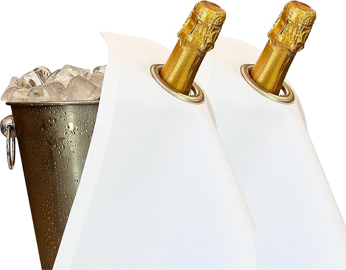 Classic Collection, Bottle Cloth with Metal Ring for Ice Buckets, Cotton, 42 cm, Corner Hole (White with Silver Metal Ring, Pack of 2)