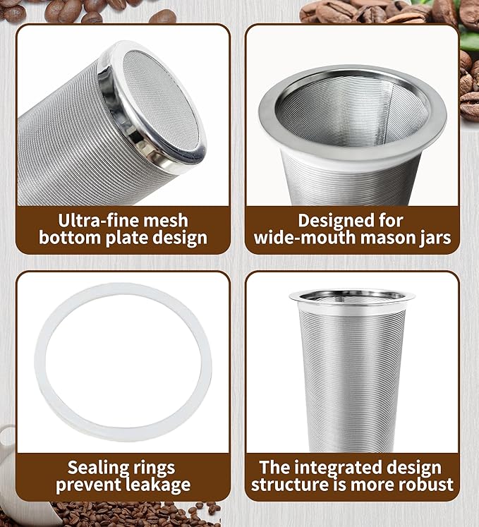 Cold Brew Coffee Filter, 304 Stainless Steel Food Grade, Coffee Maker, Tea Maker,Water Filter, Ultra Fine Mesh Wide Mouth Mason Jar (64Oz)