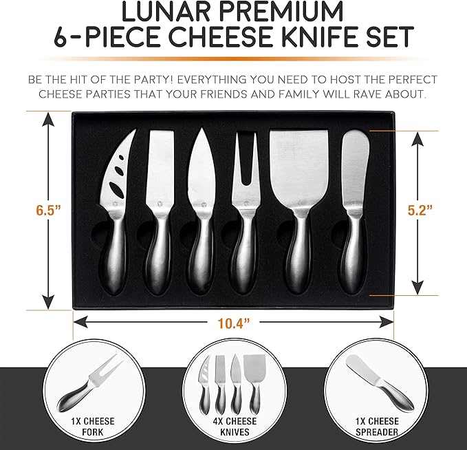 Lunar 6-Piece Cheese Knife Set - Premium Stainless Steel Cheese Knives Collection - Charcuterie Board Accessories Gift Ready w/ 15 Festive Recipes