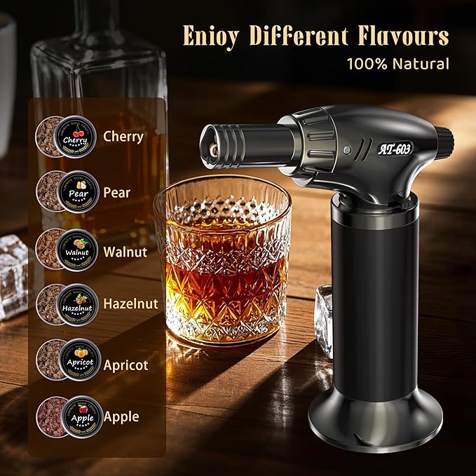 Deluxe Whiskey Smoker Kit with Torch - Includes 6 Natural Wood Chip Flavors, 2 Premium Glasses, & 2 Ice Molds - Cocktail Infuser for Old Fashioned & Bourbon for Men & Dads