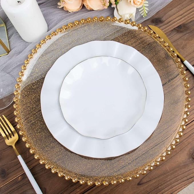 13" Charger Plates - Set of 24 - Clear Gold Round Acrylic Disposable Chargers with Beaded Rim, Ideal for Dinner Party Wedding Bulk Events