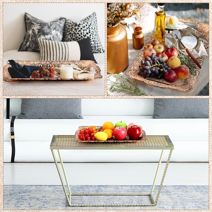 LemonRoad 6 Packs Plastic Old Gold Serving Trays with Handles 17 x 11 inch Retro Vintage Embossing Rectangle Reusable Party Snack Decorative Serving Trays for Tea Coffee Fruit Dessert