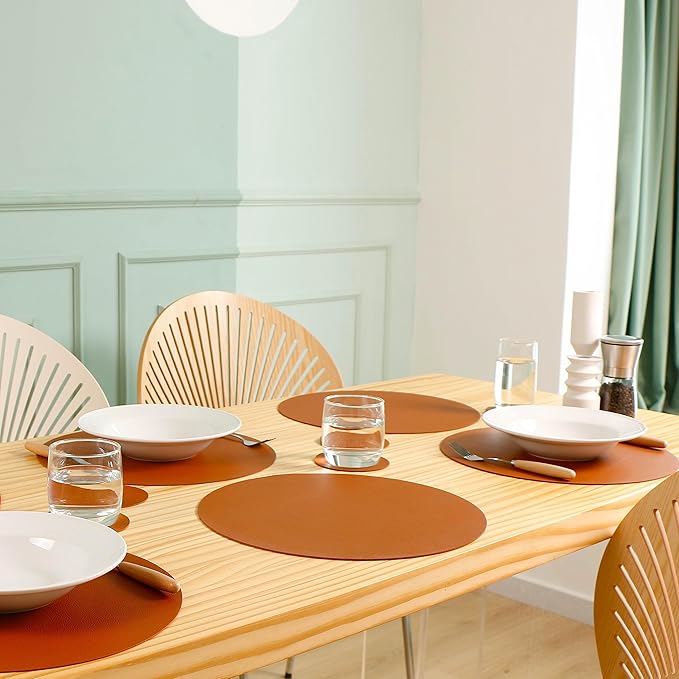 Wipeable Placemats and Coasters Leather Table Mats Waterproof Heat-Resistant Easy to Clean for Dining Table Set Kitchen Table Set of 6, Brown