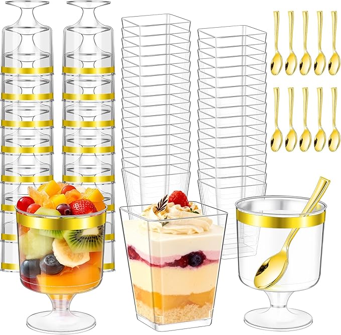 mwellewm 300Packs Dessert Cups with Spoons, 5 OZ Mini Clear Plastic Parfait Cup for Party, Square Desert Shot Glasse Round Goblet with Gold Rim Small Reusable Fruit Ice Cream Pudding Appetizer Cup
