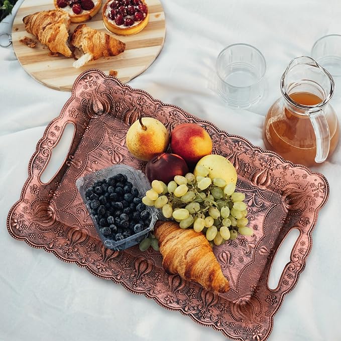 LemonRoad 6 Packs Plastic Copper Serving Trays with Handles 17 x 11 Inch Retro Vintage Embossing Rectangle Reusable Party Snack Decorative Serving Trays for Tea Coffee Fruit Dessert