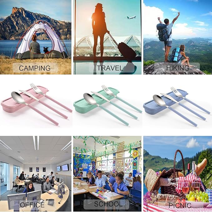 Portable Home Utensils Reusable Flatware Set with Case, Stainless Steel Metal Travel Cutlery Lunch Tableware 3 Fork 3 Spoon 3 Knife with Colored Handle(Fork Spoon Knife 3 sets, Green+Pink+Blue)