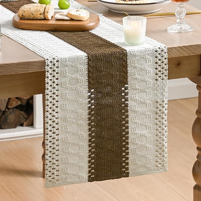 Artoid Mode Light Coffee Farmhouse Rustic Table Runner, Seasonal Holiday Hollow Kitchen Dining Table Decoration for Home Party Decor 12x48 Inch
