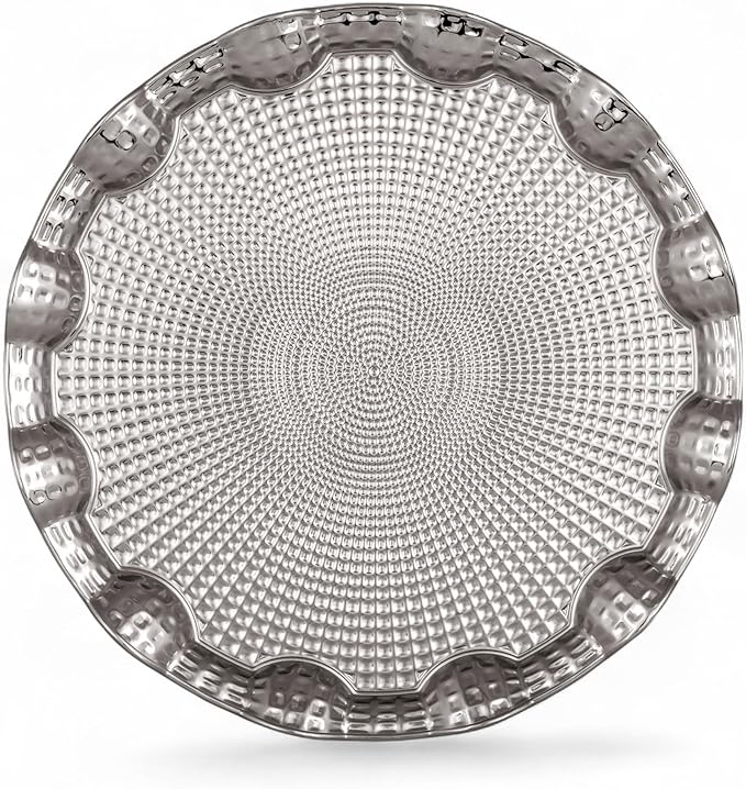 Alisveristime Round Metal Serving Tray for Two – Ottoman Motif, (9.8" Diameter, 10.2 oz) (Silver)