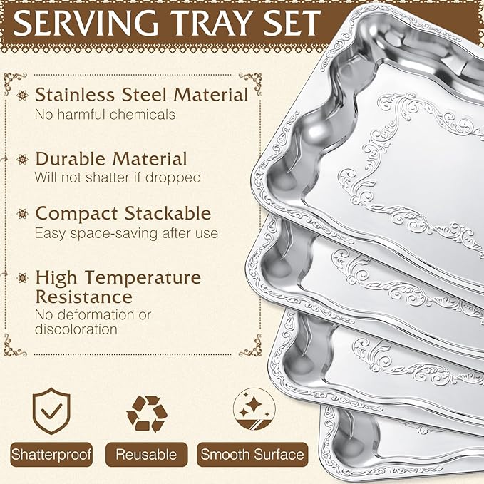 4 Pack Silver Serving Trays Set for Party, Butterfly Floral Silver Platter Engraved Mirror Tray, 15.8 x 11.6 Inches Elegant Metal Plate for Christmas Food Appetizer Cookies Desserts