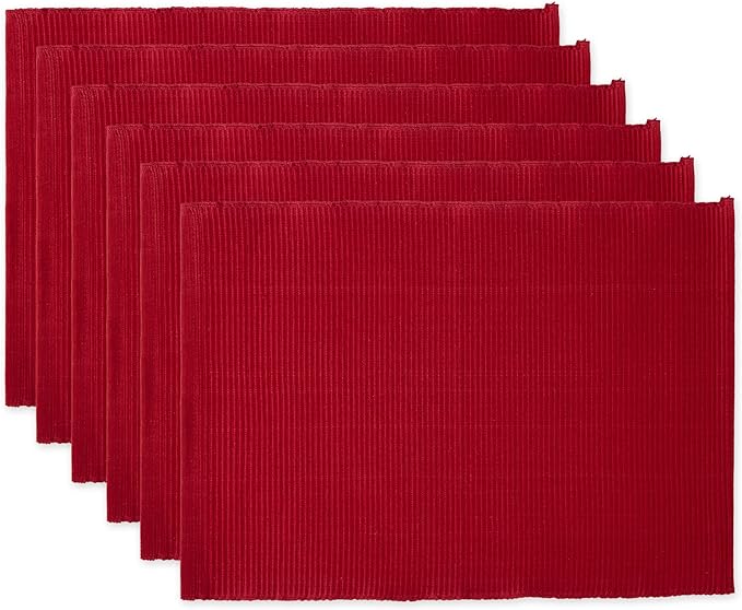 DII Basic Everyday Ribbed Tabletop 100% Cotton, Placemat Set, 13x19, Cardinal Red, 6 Piece