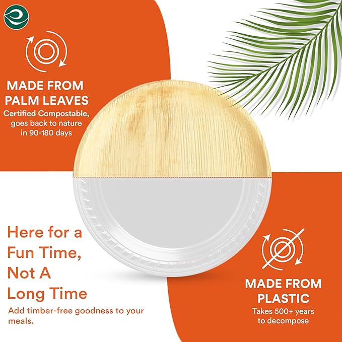 ECO SOUL Palm Leaf Disposable Bamboo Plates 10" Round Compostable & Biodegradable Party Plates for Christmas Dinner, Weddings, Parties & Events 50 Count