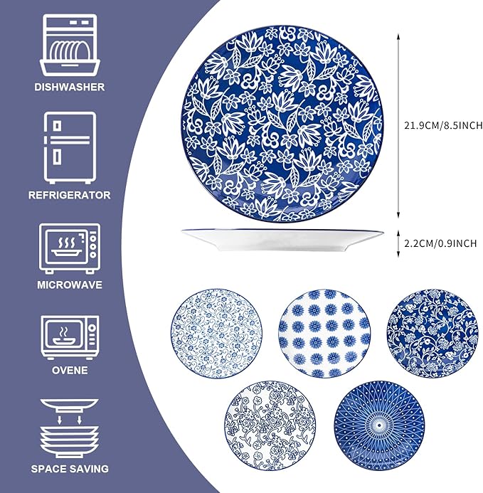 Ceramic Salad Plates Set - 8.5 Inch Kitchen Small Round Dinner - Scratch Resistant Porcelain Microwave Oven Dishwasher Safe - Dishes for Sandwich Dessert Appetizer - Set of 6 - Vintage Blue