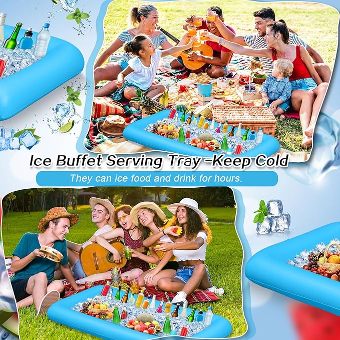 Leitee Inflatable Serving Bar with Drain Plug 52 x 24 x 5'' Inflatable Ice Serving Buffet Bar for Party Food Cooler Buffet Drink(Blue,Basic Style)