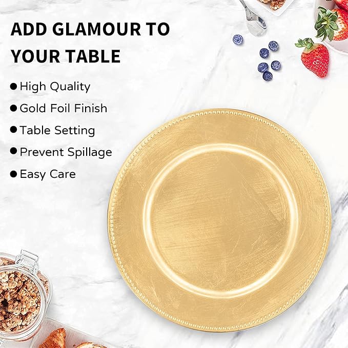 MAONAME Foil Gold Charger Plates with Beaded, 13" Plate Chargers for Dinner Plate, Plastic Round Chargers for Table Setting, Set of 6