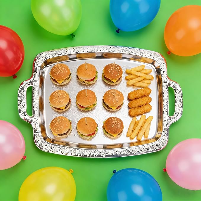 4-Pack Silver Serving Tray - Stainless Steel Platter with Handles Mirror Finish Silver Plates for Appetizers, Cookies, Charcuterie, Party Food Display & Home Decor