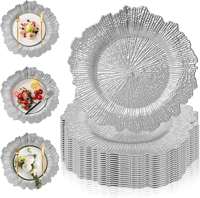 PROY 100 Pcs Silver Charger Plates Bulk, 13" Silver Reef Charger Plates for Wedding, Thanksgiving, Christmas, Plastic Chargers for Dinner Plates