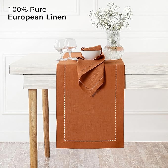 D'Moksha Homes Linen Rust Table Runner 90 Inches Long - Classic Hemstitch 100% Pure Linen Dining Table Runner 14 x 90 Inch for Winter, Christmas, Holiday, New Year