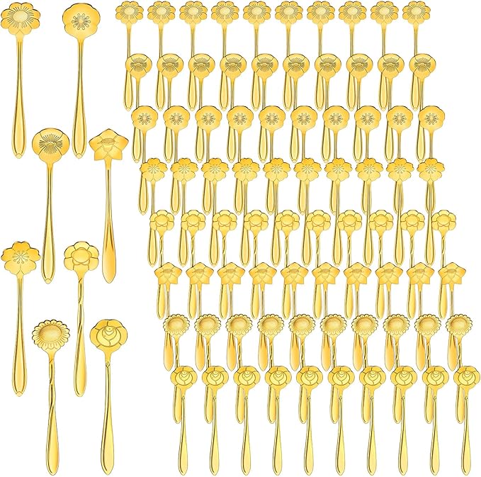 Eboot 80 Pcs Gold Flower Teaspoon Stainless Steel Tea Party Spoons Mini Cute Teaspoon Stirring Coffee Sugar Drink Demitasse Espresso Spoons for Bridal Baby Shower Wedding Party Favors Decorations
