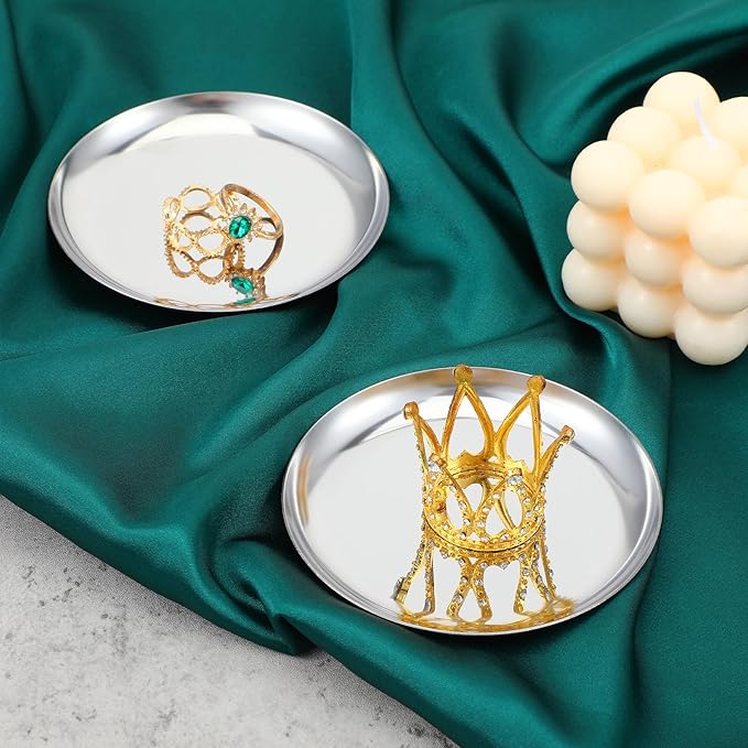2 Pcs Silver Tray, 4 Inch Stainless Steel Round Serving Tray Circle Jewelry Trays Decorative Coffee Table Trays Display Serving Platter Candle Plate for Bathroom, Candle, Perfume, Countertop