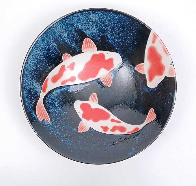 Made in Japan Koi Fish Ceramic Dinnerware Set – 6-Piece Blue & Red Plates and Bowls | Hand-Painted Carp Motif | Dishwasher Safe | Japanese Tableware Gift Set