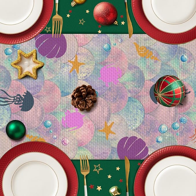 Mermaid Tail Table Runner Seasonal Holiday Kitchen Dining Linen Table Decoration for Indoor Outdoor Home Party Decor 13 x 72 Inch