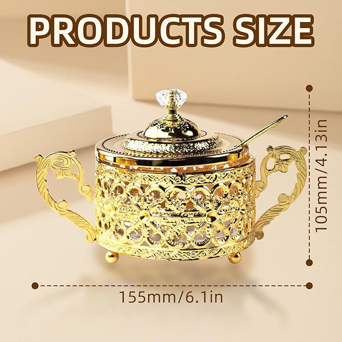 Flylin Sugar Bowl, Turkish Sugar Bowl with Lid and Spoon for Candy Cookie Honey, Golden Vintage Glass Seasoning Jar for Home and Kitchen Coffee Bar (4)