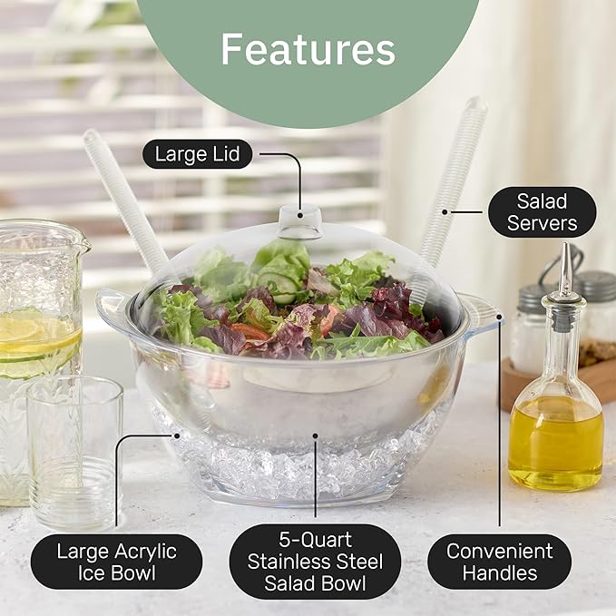 Useful Co. 5QT Salad Bowl Set on Ice - Large Salad Bowl with Lid & 2 Servers - Chilled Tray for Cold Food, Party Buffet - Serving Bowl with Ice Tray Base for Gatherings