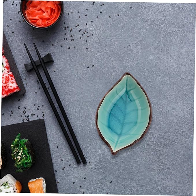 ABOOFAN 4pcs Leaf Shaped Ceramic Plates for Appetizers and Sauces Elegant Crackle Glaze Design Multi-functional Dipping Bowls for Ketchup Vinegar Sushi and Seasoning Yellow Lake Blue Green