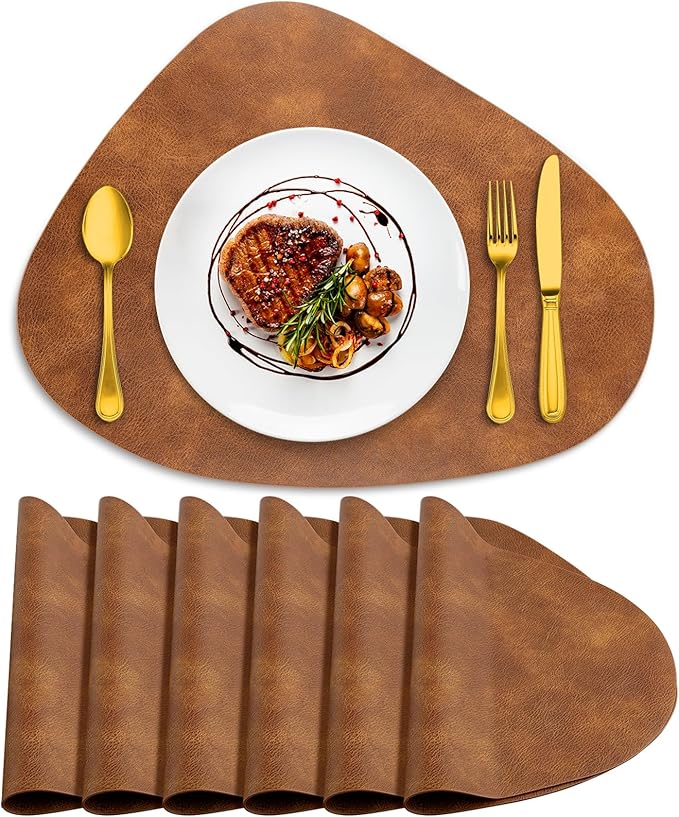 ADRIMER Placemats, Heat Resistant Round Placemats Set of 6 Washable 13 x 17 Inch, Waterproof Table Mats Wipeable for Kitchen, Dining Room Table Christmas Decor, Turmeric Brown