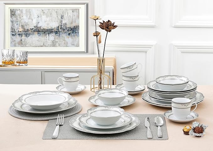 Lorren Home Trends Victoria-24 24 Piece Victoria Design Porcelain Wavy Edge Dinnerware Set, White