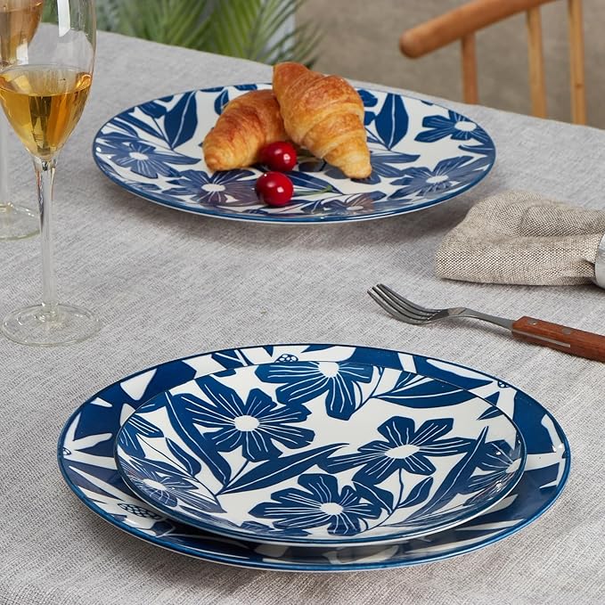 ONEMORE Dinner Plates Set of 4, 8.5 Inch Ceramic Blue and White Salad Dessert Appetizers Plates, Microwave & Dishwasher Safe Scratch Resistant, Small Serving Dish Platters