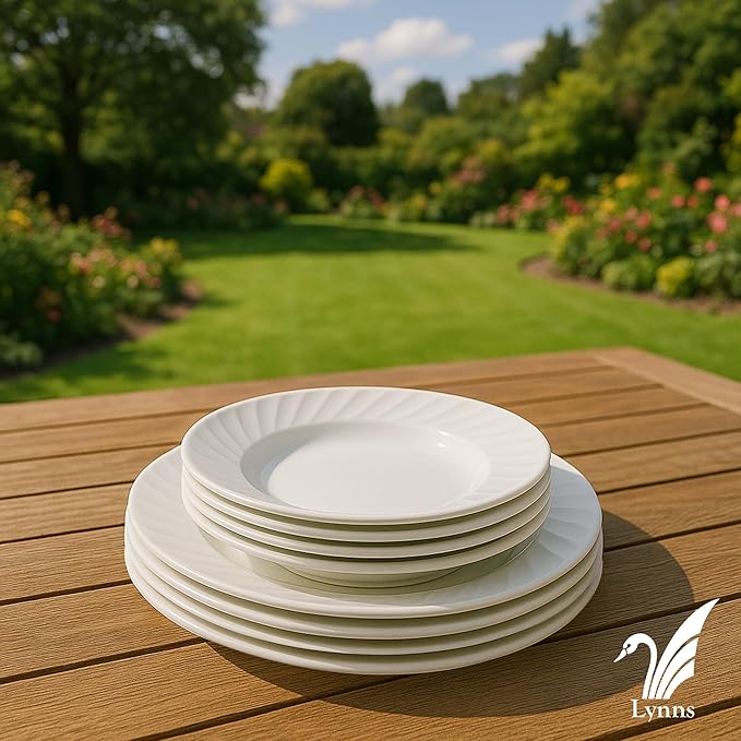 Lynns Paradise Imperial White 20pc Dinnerware Set Embossed Swirl Detail, Elegant Versatility, Timeless White Finish Includes Dinner Plates, Bowls, Cups, and Saucers, Full Tabletop Set