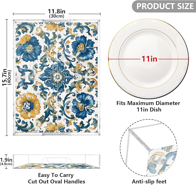 Serving Tray with Handles Clear Acrylic Tray 12x16 Inch Decorative Rectangular Tray Organizer for Ottoman Coffee Table Bathroom Floral Blue and Yellow Tile