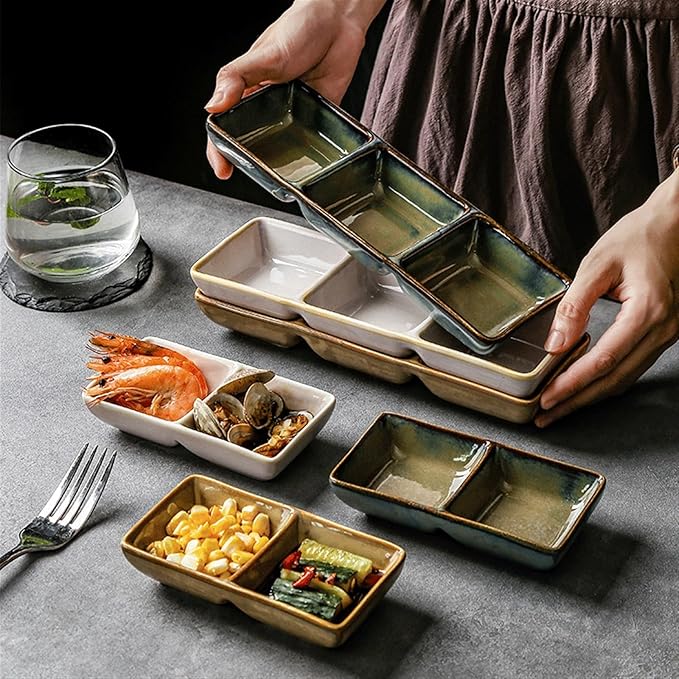 Seasoning Plate 5.2 x 2.6 Inch Two Piece Stackable Ceramic Serving Tray. Set of 2 Decorative Ceramic Appetizer Trays Snack Soy Sauce Dessert Plates Ceramic Sauce Plates (Color