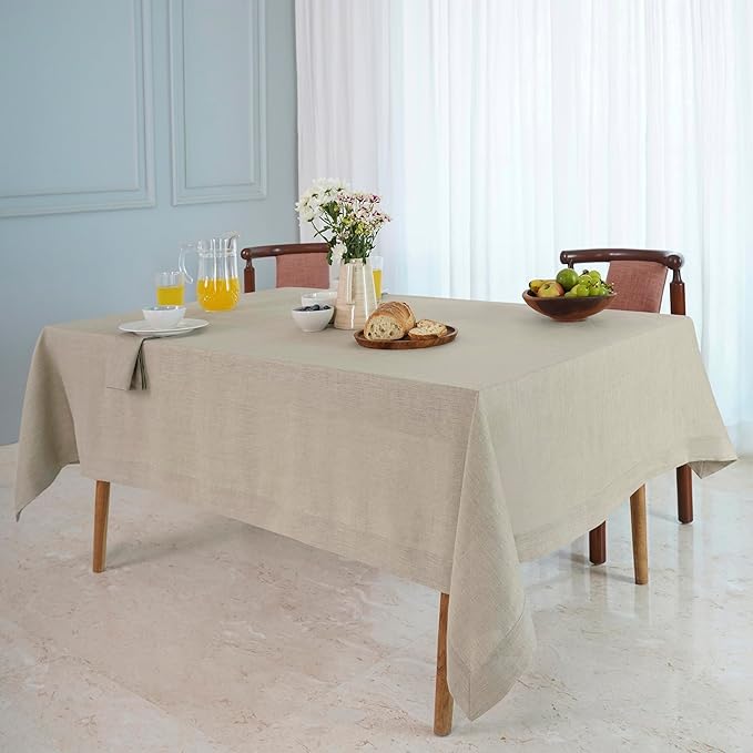 D'Moksha Homes Linen Natural Tablecloth 60 x 132 Inch - 100% Pure Linen Rectangular Tablecloth - Machine Washable Table Cloth for Winter, Christmas, Holiday, New Year