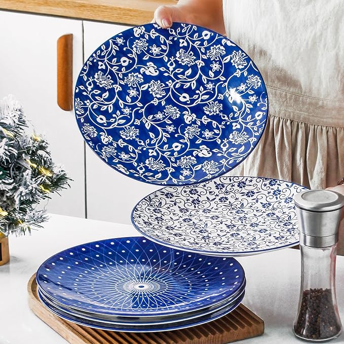 Ceramic Dinner Plates Set - 10.5 Inch Large Kitchen Porcelain Salad Serving - Scratch Resistant Microwave Oven Dishwasher Safe - Dishes for Pizza Pancakes Pasta Steak - Set of 6 - Vintage Blue