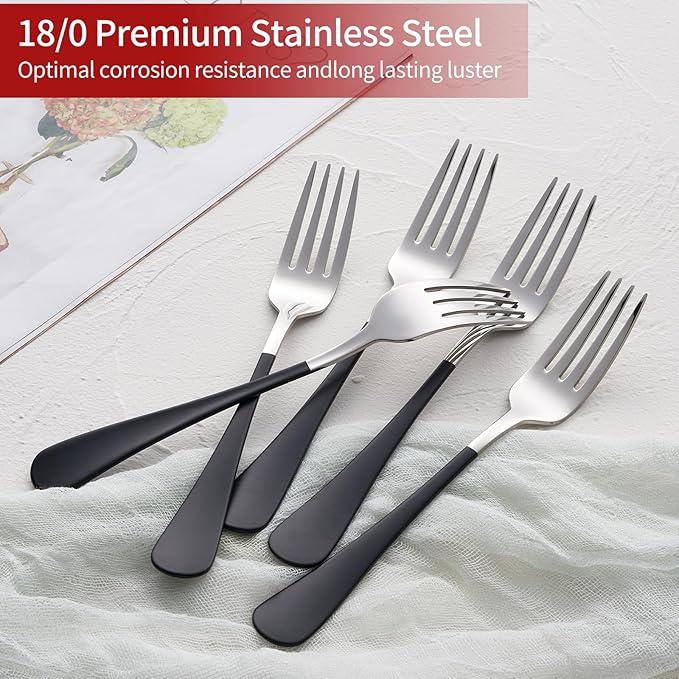 24 piece Black Forks and Spoons Silverware Set,Black Handle Silverware 18/0 Stainless Steel Flatware Bulk Forksand Spoons Dessert Forks and Table of 24