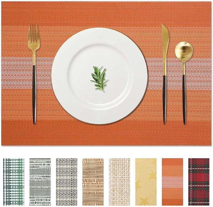 AHHFSMEI Placemats for Dining Table Set of 6 Woven Vinyl Plastic Place Mats Non-Slip Heat Insulation Stain Resistant Table Mats Washable Easy Clean Placemats (Orange)