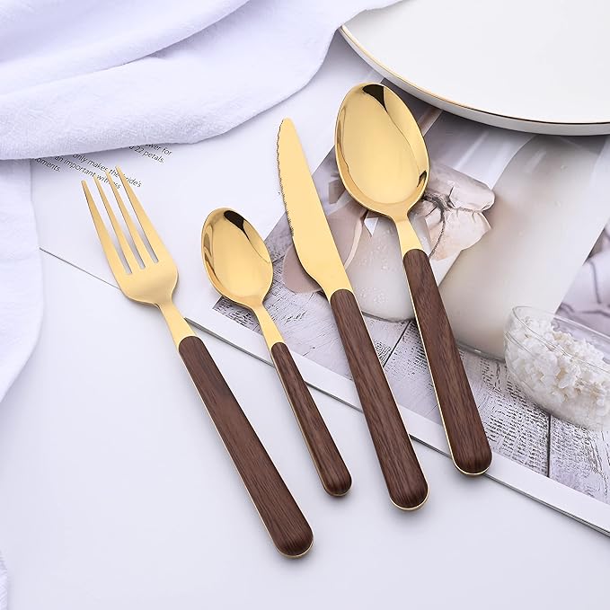 24 Piece Tableware Silverware Set with Faux Wooden Handle, Brown Gold Stainless Steel Flatware Cutlery Set for 6, Utensil Set for Home Including Forks Spoons Knives, Mirror Polished