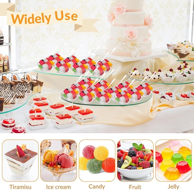 Suclain 200 Pack Dessert Cups with Spoons, 2 Oz Square Clear Plastic Disposable Appetizer Parfait Cups for Tasting Party Appetizers Fruit Parfait Trifle Mousse Pudding(Square Dish)