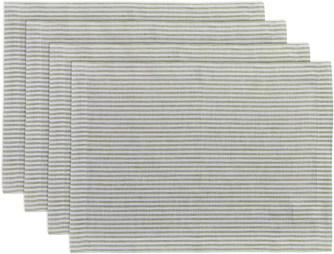 Solino Home Linen Cloth Placemats Set of 4 - Narrow Stripe 100% Pure Linen Avocado and White Farmhouse Placemats 14 x 19 Inch for Christmas, Winter, New Year