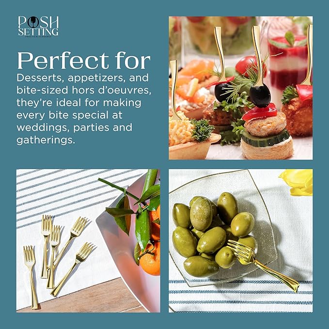 Posh Setting - Plastic Mini Dessert Forks, Gold Plastic 4 inch Taster Forks (36 Pack)